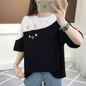 2025 summer new embroidered rabbit Korean version color matching T-shirt student top loose short - sleeved top - Negative Apparel