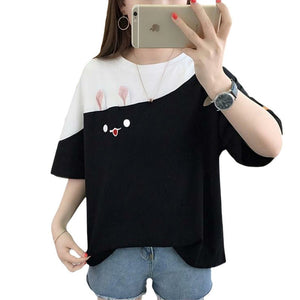 2025 summer new embroidered rabbit Korean version color matching T-shirt student top loose short - sleeved top - Negative Apparel