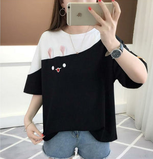 2025 summer new embroidered rabbit Korean version color matching T-shirt student top loose short - sleeved top - Negative Apparel
