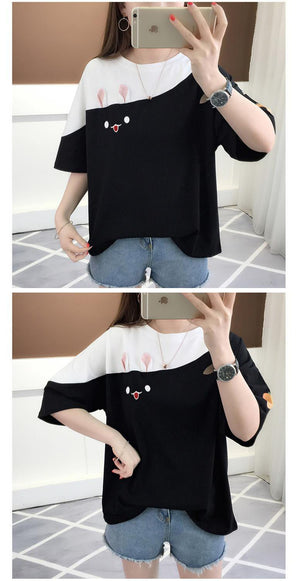 2025 summer new embroidered rabbit Korean version color matching T-shirt student top loose short - sleeved top - Negative Apparel