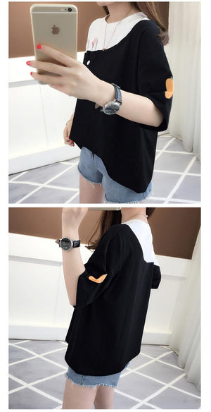2025 summer new embroidered rabbit Korean version color matching T-shirt student top loose short - sleeved top - Negative Apparel