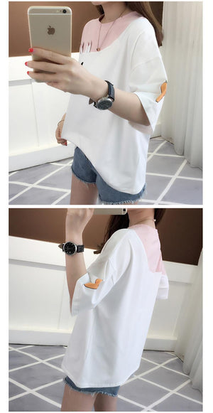 2025 summer new embroidered rabbit Korean version color matching T-shirt student top loose short - sleeved top - Negative Apparel