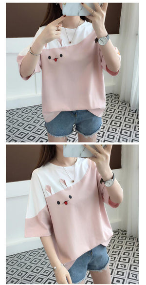 2025 summer new embroidered rabbit Korean version color matching T-shirt student top loose short - sleeved top - Negative Apparel