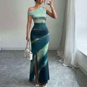 2025 summer new European and American contrasting color slim dress slanted shoulder dress - Negative Apparel