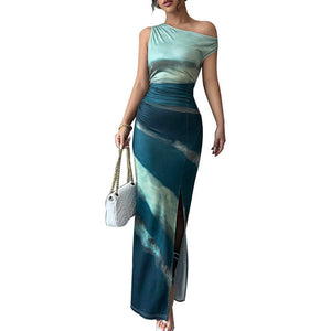 2025 summer new European and American contrasting color slim dress slanted shoulder dress - Negative Apparel