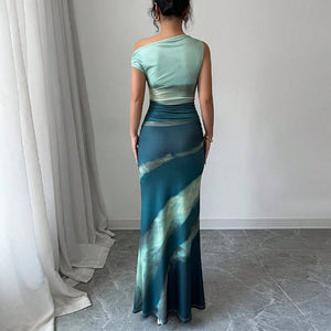 2025 summer new European and American contrasting color slim dress slanted shoulder dress - Negative Apparel