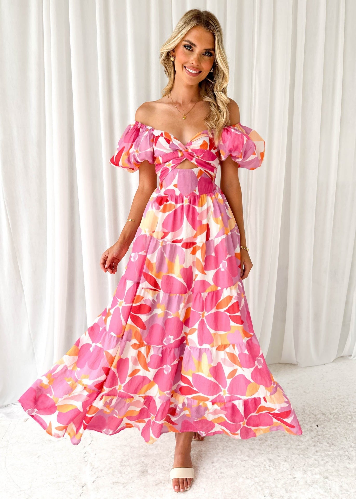 2025 summer new European vacay print waist puff sleeves large swing dress for women - Negative Apparel