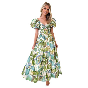 2025 summer new European vacay print waist puff sleeves large swing dress for women - Negative Apparel