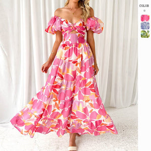 2025 summer new European vacay print waist puff sleeves large swing dress for women - Negative Apparel