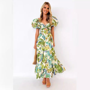 2025 summer new European vacay print waist puff sleeves large swing dress for women - Negative Apparel