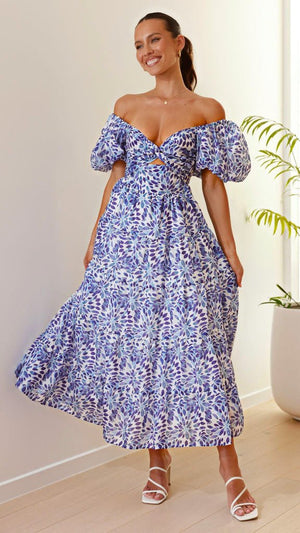 2025 summer new European vacay print waist puff sleeves large swing dress for women - Negative Apparel