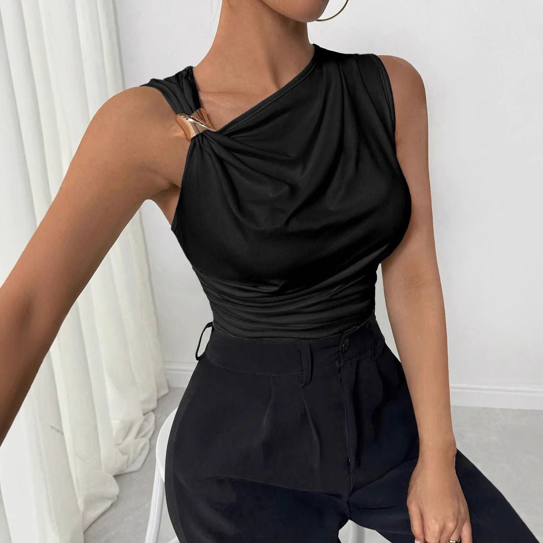 2025 summer new fashionable versatile slim - fit solid color pleated metal decorative sleeveless pullover T-shirt - Negative Apparel