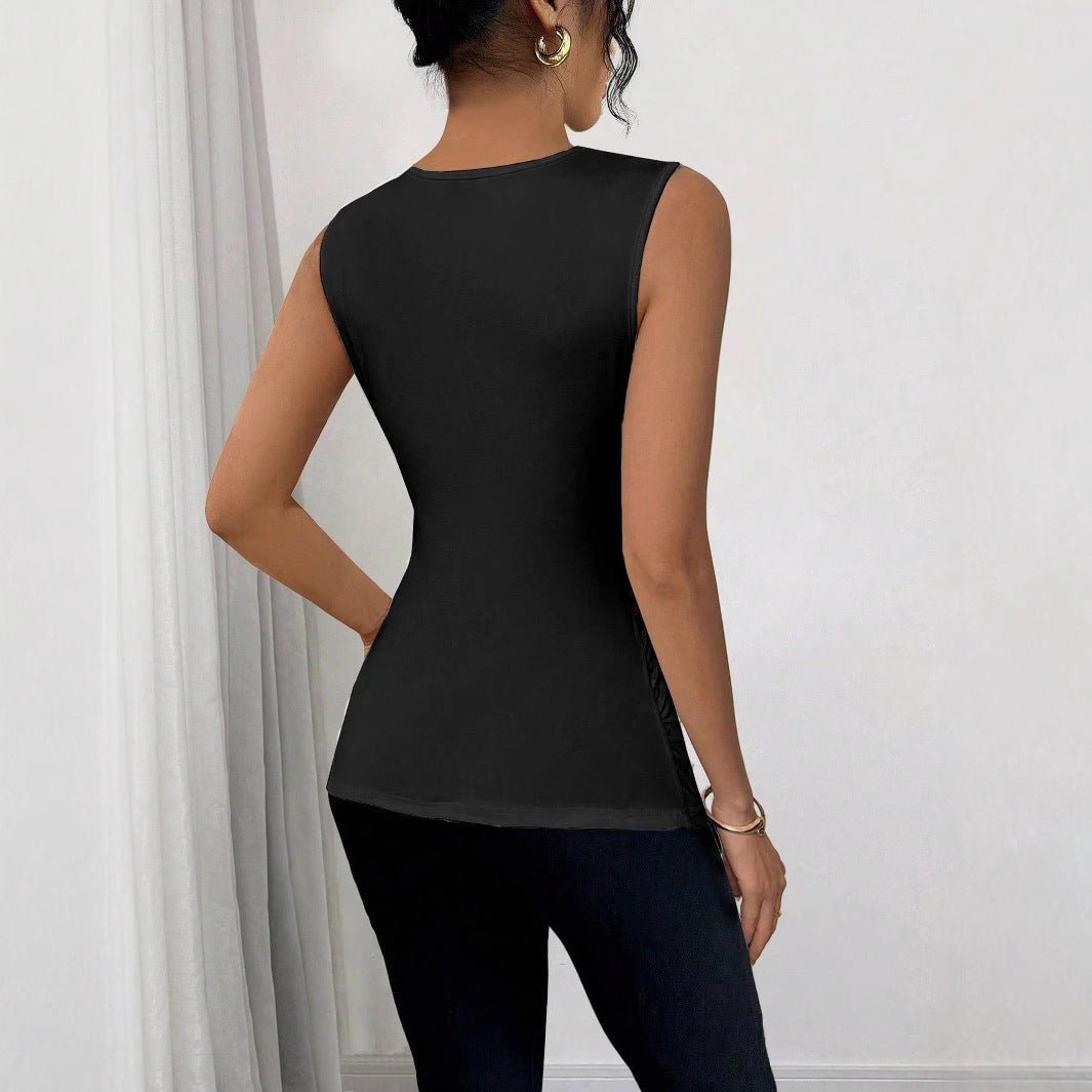 2025 summer new fashionable versatile slim - fit solid color pleated metal decorative sleeveless pullover T-shirt - Negative Apparel