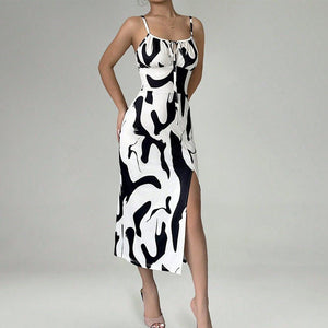 2025 summer new holiday sxy suspender skirt slit step dress - Negative Apparel