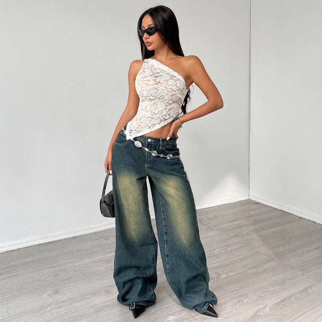 2025 summer new lace waist hollow asymmetrical shoulder collar niche design women's top - Negative Apparel