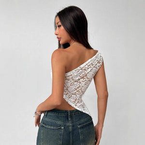 2025 summer new lace waist hollow asymmetrical shoulder collar niche design women's top - Negative Apparel
