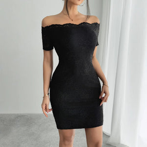 2025 summer new one - word collar off - shoulder slim - fitting and thin temperament elegant hip - wrapped dress women - Negative Apparel