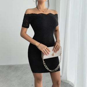 2025 summer new one - word collar off - shoulder slim - fitting and thin temperament elegant hip - wrapped dress women - Negative Apparel