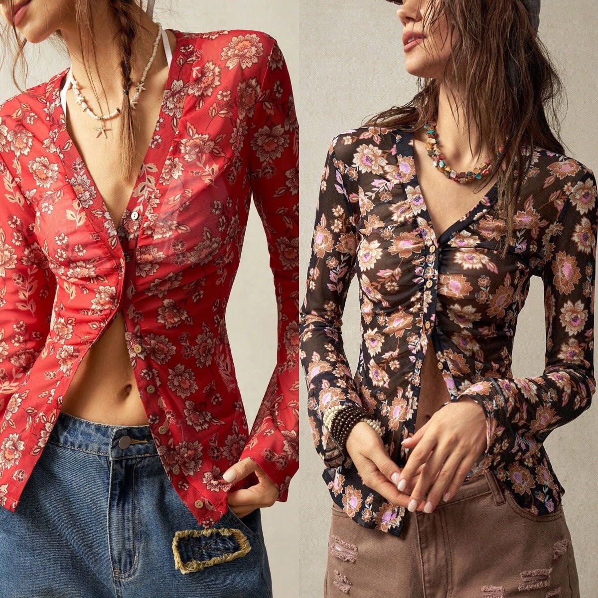 2025 summer new printed shirts for women slim fit retro temperament commuting vacation tops - Negative Apparel