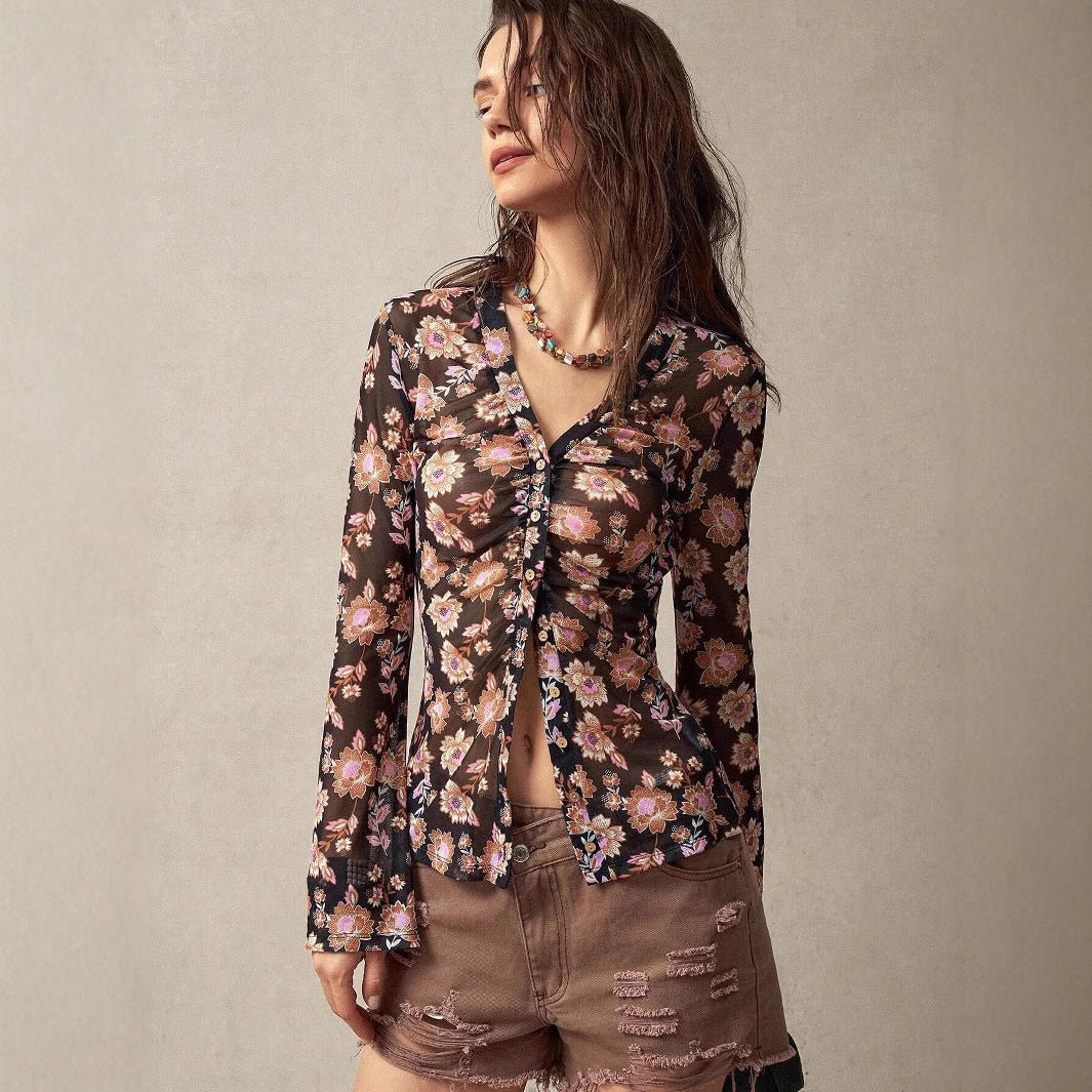 2025 summer new printed shirts for women slim fit retro temperament commuting vacation tops - Negative Apparel