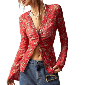 2025 summer new printed shirts for women slim fit retro temperament commuting vacation tops - Negative Apparel
