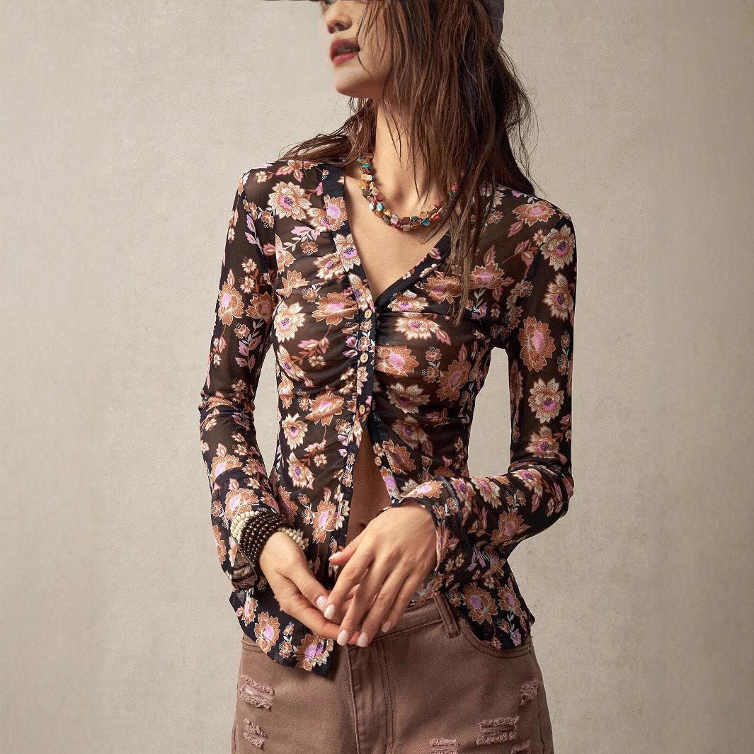 2025 summer new printed shirts for women slim fit retro temperament commuting vacation tops - Negative Apparel