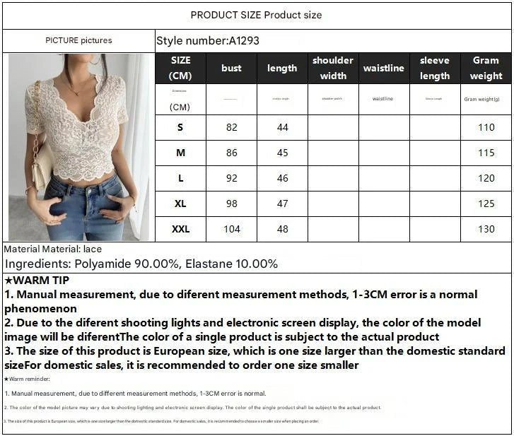 2025 summer new sexy lace V - neck T-shirt female slim and thin short Spice Girl top - Negative Apparel