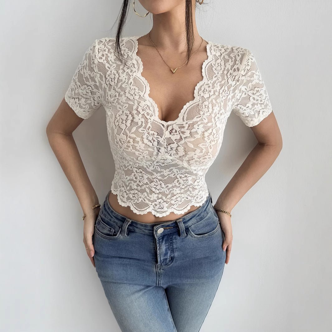 2025 summer new sexy lace V - neck T-shirt female slim and thin short Spice Girl top - Negative Apparel
