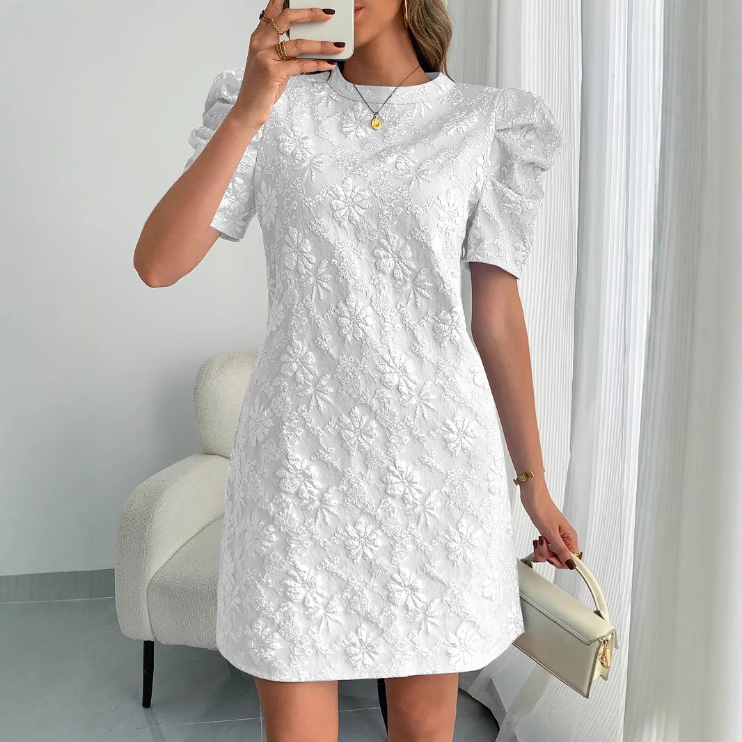 2025 summer new women's bubble sleeves textured jacquard crew neck retro style dress in stock - Negative Apparel