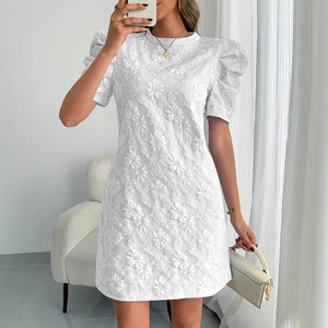 2025 summer new women's bubble sleeves textured jacquard crew neck retro style dress in stock - Negative Apparel