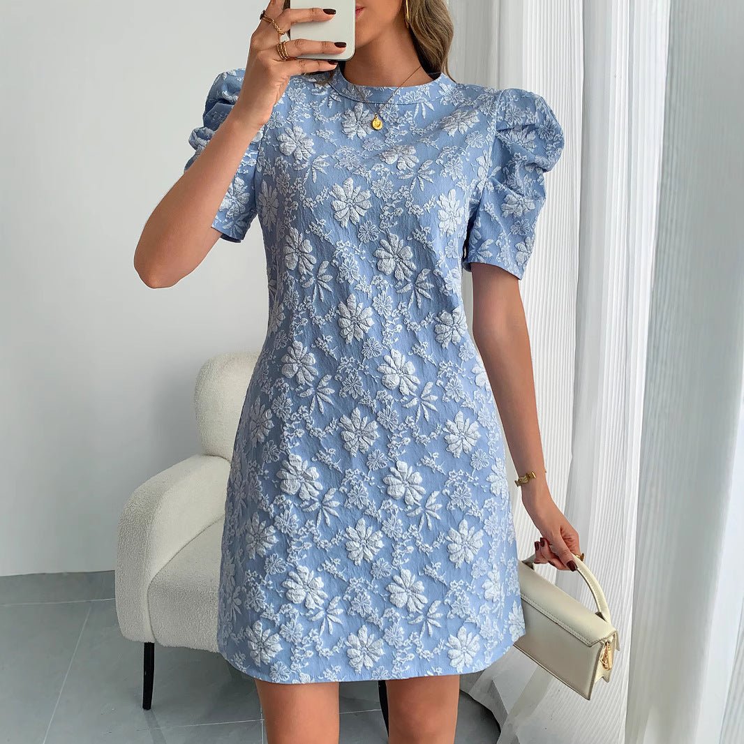 2025 summer new women's bubble sleeves textured jacquard crew neck retro style dress in stock - Negative Apparel