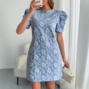 2025 summer new women's bubble sleeves textured jacquard crew neck retro style dress in stock - Negative Apparel