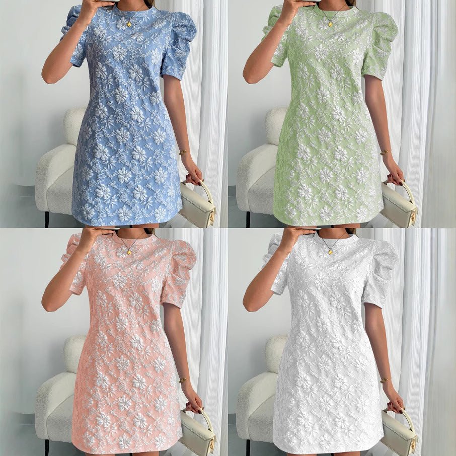 2025 summer new women's bubble sleeves textured jacquard crew neck retro style dress in stock - Negative Apparel