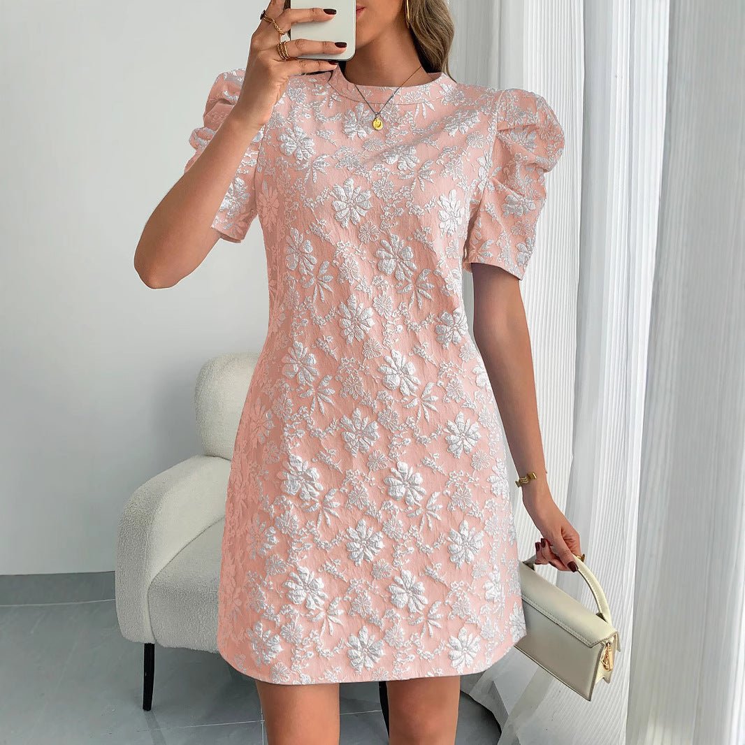 2025 summer new women's bubble sleeves textured jacquard crew neck retro style dress in stock - Negative Apparel
