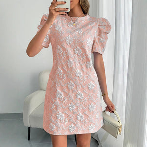 2025 summer new women's bubble sleeves textured jacquard crew neck retro style dress in stock - Negative Apparel