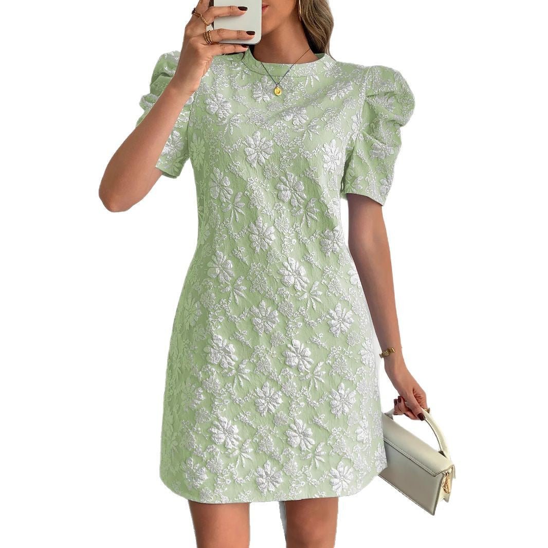 2025 summer new women's bubble sleeves textured jacquard crew neck retro style dress in stock - Negative Apparel
