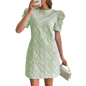 2025 summer new women's bubble sleeves textured jacquard crew neck retro style dress in stock - Negative Apparel
