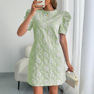 2025 summer new women's bubble sleeves textured jacquard crew neck retro style dress in stock - Negative Apparel