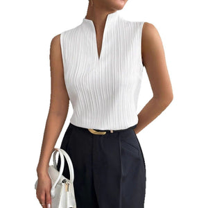2025 summer new women's tops solid color V - neck slim fit sleeveless textured short - sleeved casual T-shirt - Negative Apparel