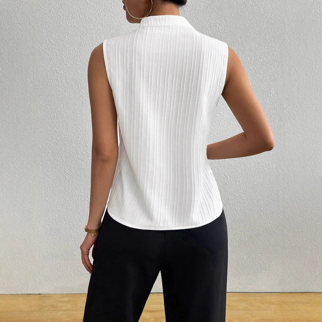 2025 summer new women's tops solid color V - neck slim fit sleeveless textured short - sleeved casual T-shirt - Negative Apparel