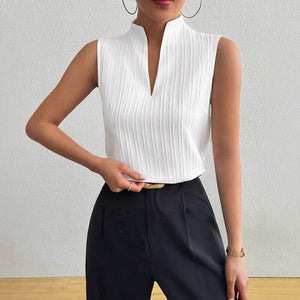 2025 summer new women's tops solid color V - neck slim fit sleeveless textured short - sleeved casual T-shirt - Negative Apparel