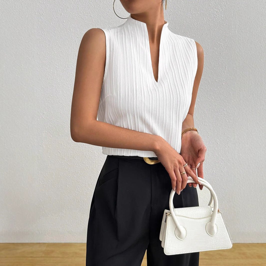 2025 summer new women's tops solid color V - neck slim fit sleeveless textured short - sleeved casual T-shirt - Negative Apparel