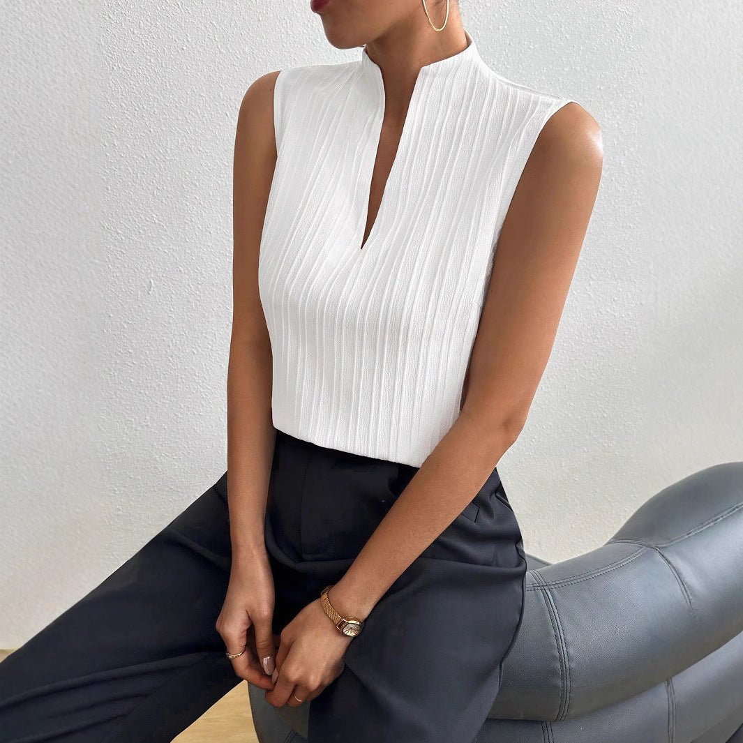 2025 summer new women's tops solid color V - neck slim fit sleeveless textured short - sleeved casual T-shirt - Negative Apparel