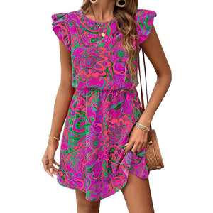 2025 Summer Vacation Travel Style Dress and Lotus Leaf Sleeve Slim A - line Midi Dress - Negative Apparel