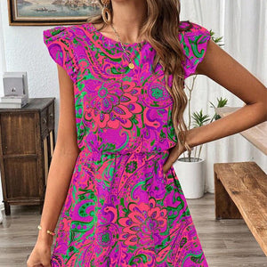 2025 Summer Vacation Travel Style Dress and Lotus Leaf Sleeve Slim A - line Midi Dress - Negative Apparel