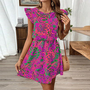 2025 Summer Vacation Travel Style Dress and Lotus Leaf Sleeve Slim A - line Midi Dress - Negative Apparel
