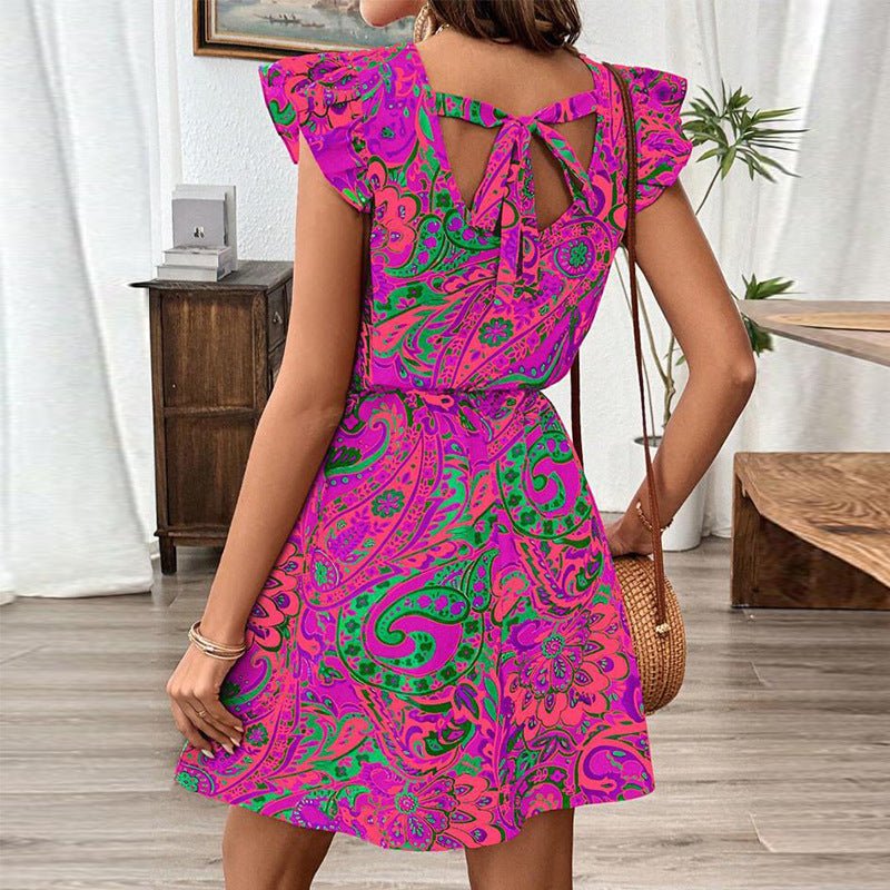 2025 Summer Vacation Travel Style Dress and Lotus Leaf Sleeve Slim A - line Midi Dress - Negative Apparel
