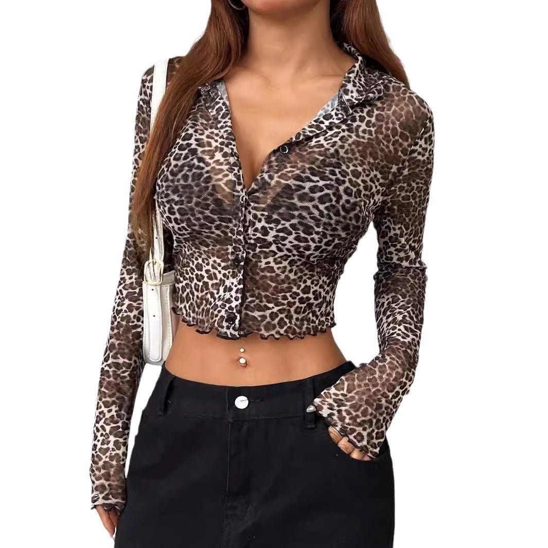 2025 Y2K leopard print mesh yarn single - breasted fungus edge long - sleeved short shirt top women - Negative Apparel