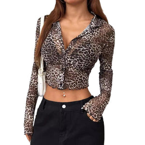 2025 Y2K leopard print mesh yarn single - breasted fungus edge long - sleeved short shirt top women - Negative Apparel