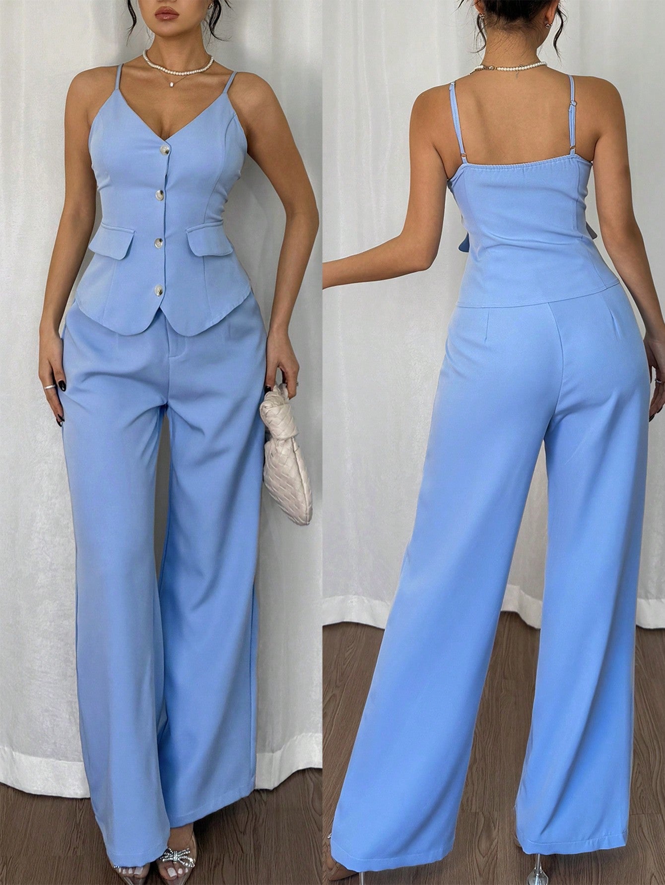2pc Women Elegant Casual Suspender Jumpsuit Set - Negative Apparel
